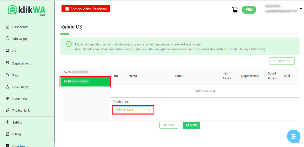 Menghubungkan / Relasi Bulk Beberapa CS Ke Nomor WA