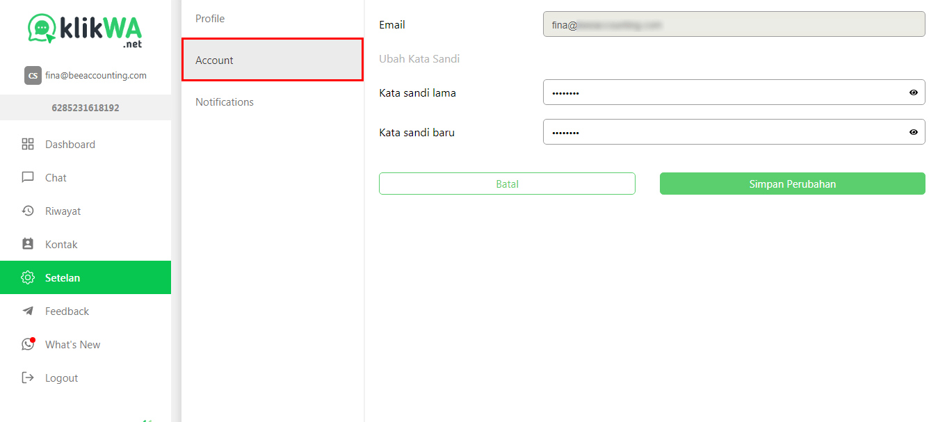 Cara Mengganti Nama Profil , Mengganti Kata Sandi / Password dan Pengaturan Notifikasi Web Chat KlikWA Teams